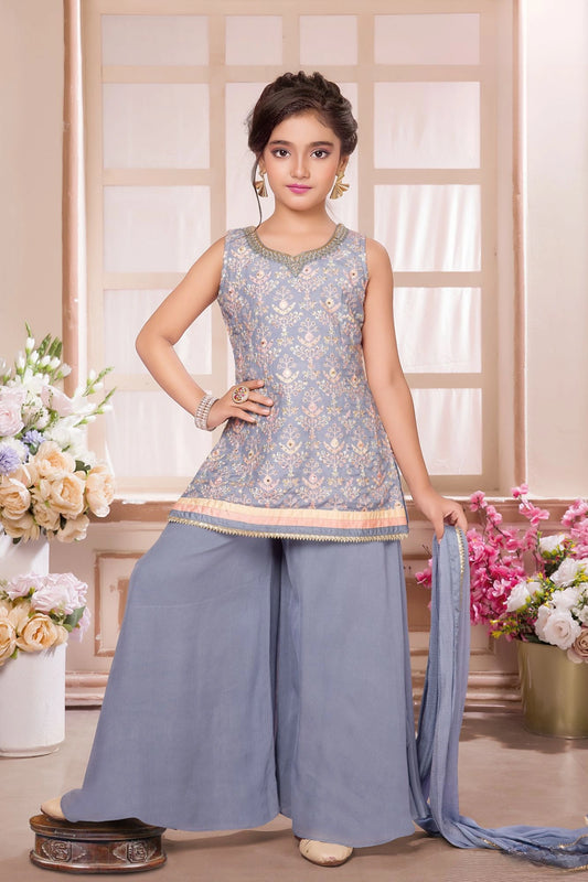 Gray Embroidered Palazzo Set with Dupatta For Girls