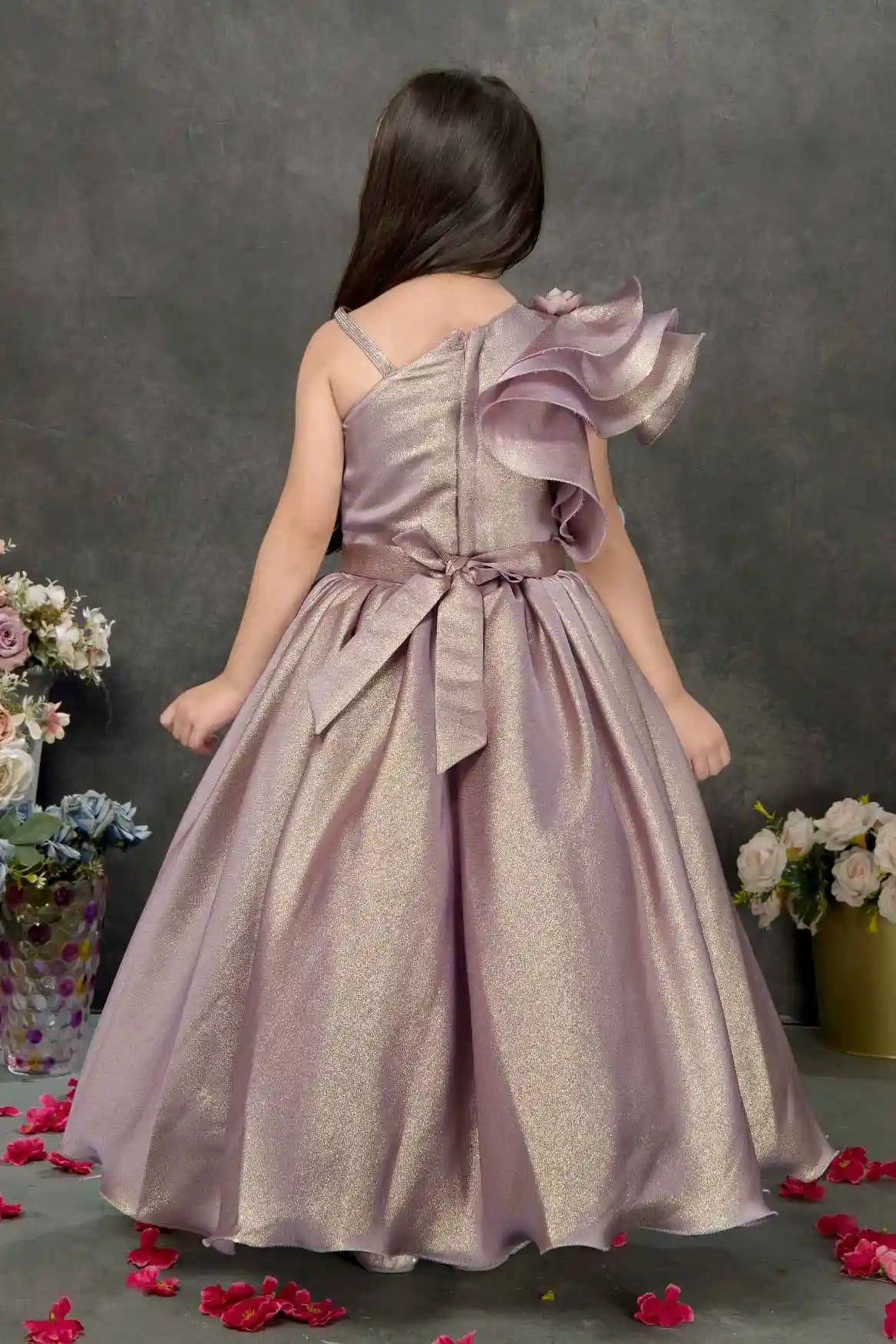 Dusky Pink Floral Embellished Party Gown For Girls