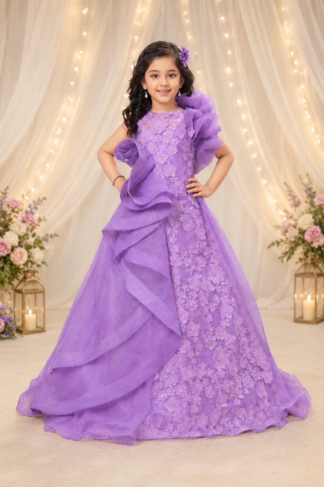 Lavender Floral Embellished Layered Party Wear Ball Gown