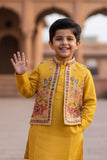 Yellow Embroidered Kurta Set with Nehru Jacket For Boys