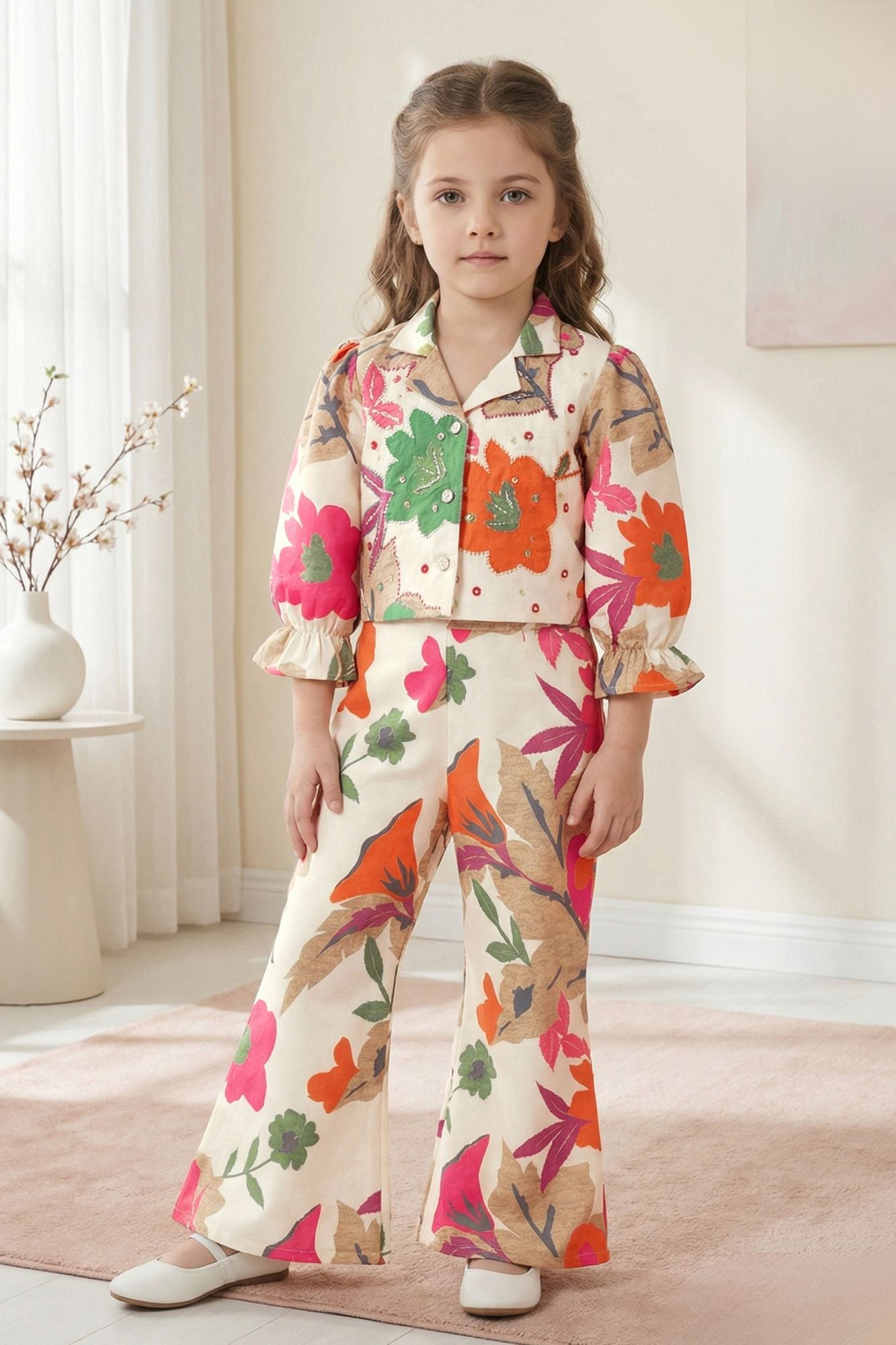Girls Cream With Multicolor Floral Printed Co-Ord Set