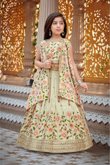 Fawn Sequin And Floral Embroidered Lehenga choli With Overcoat For Girls