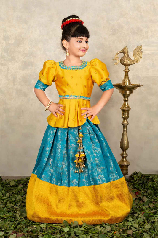 Yellow And Blue Banarasi Silk Pattu Lehenga Choli Set For Girls