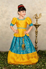 Yellow And Blue Banarasi Silk Pattu Lehenga Choli Set For Girls