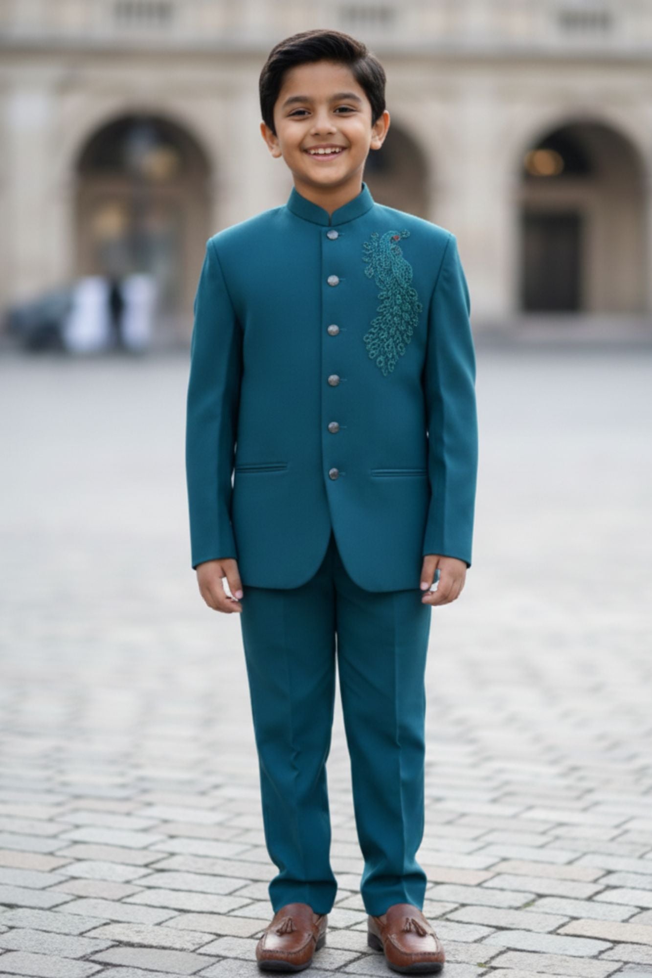 Classic Teal Green Jhodhpuri Suit Set For Boys
