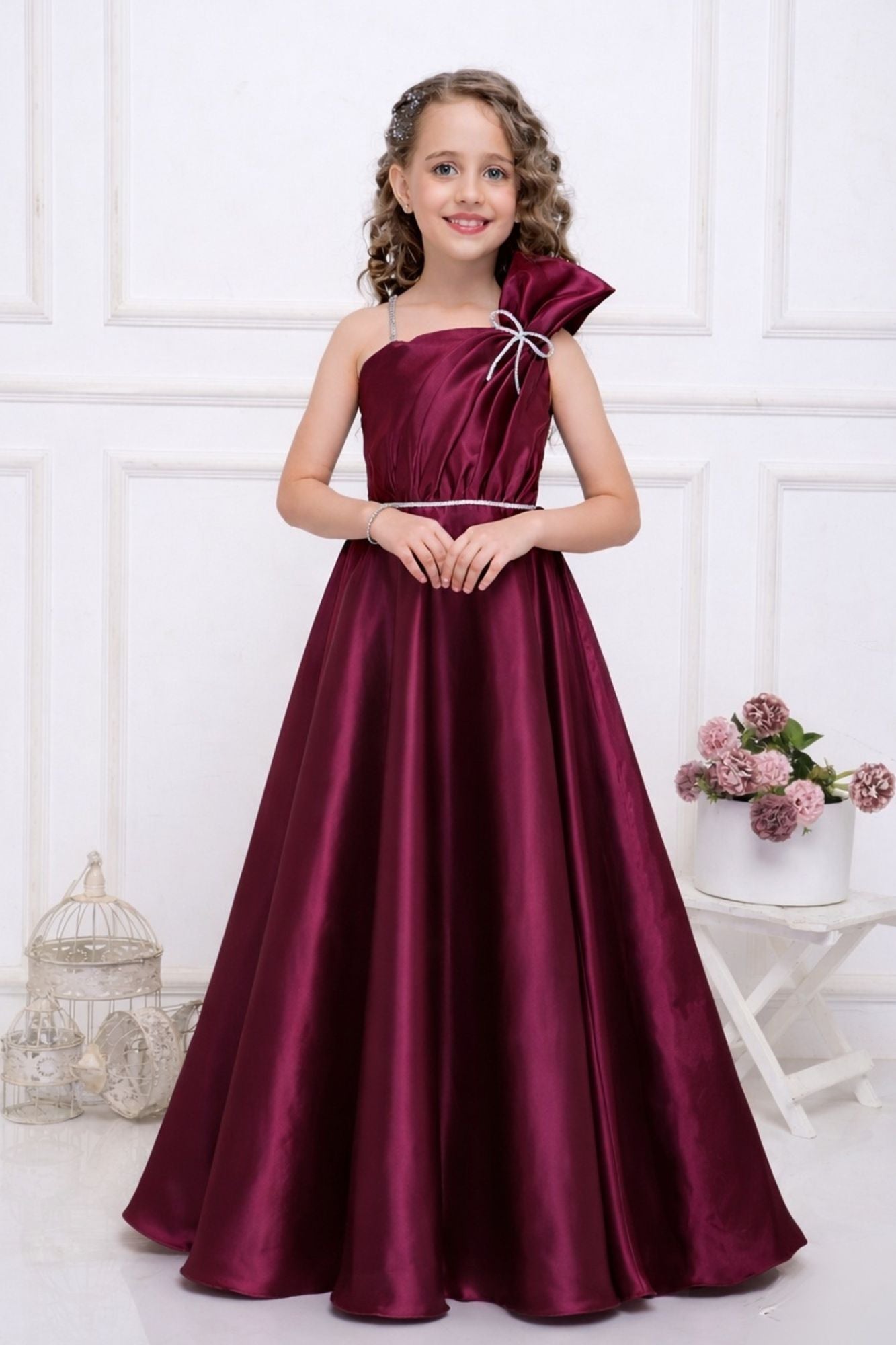 Wine One-Shoulder Embellished Party Gown For Girls