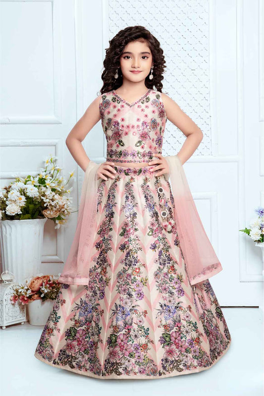 Pink Sleeveless And Floral Printed With Mirror Work Lehenga Choli Set For Girls