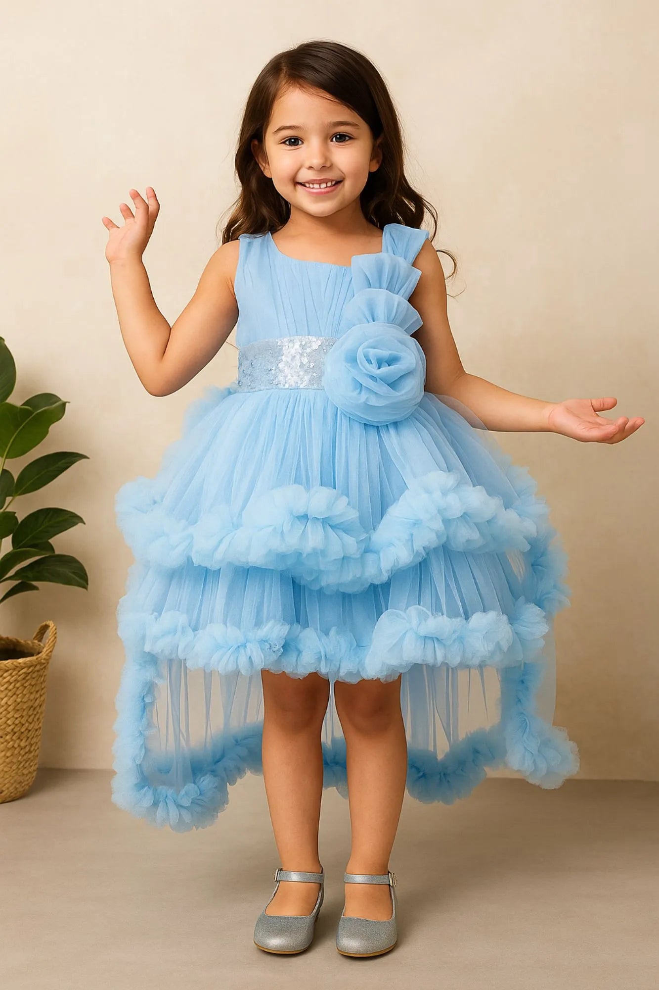 Sky Blue Layered Ruffled With Sequins Party Frock For Girls