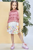 Pink Floral Print Skirt Set with Tiered Green Top Set For Girls