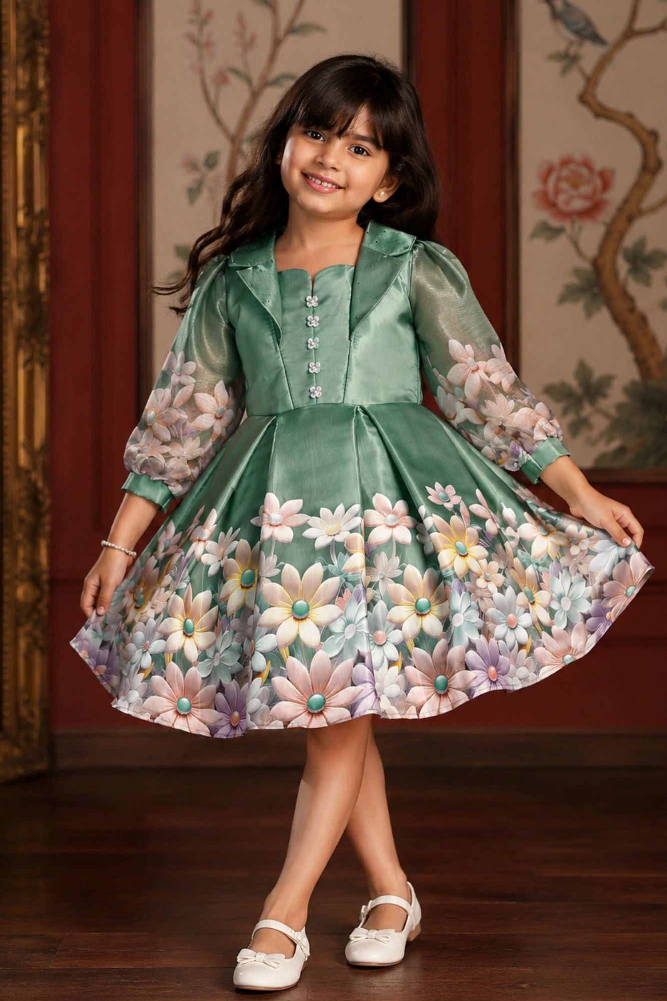 Olive Green Floral Printed And Floral Embellishment Frock For Girls