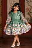 Olive Green Floral Printed And Floral Embellishment Frock For Girls