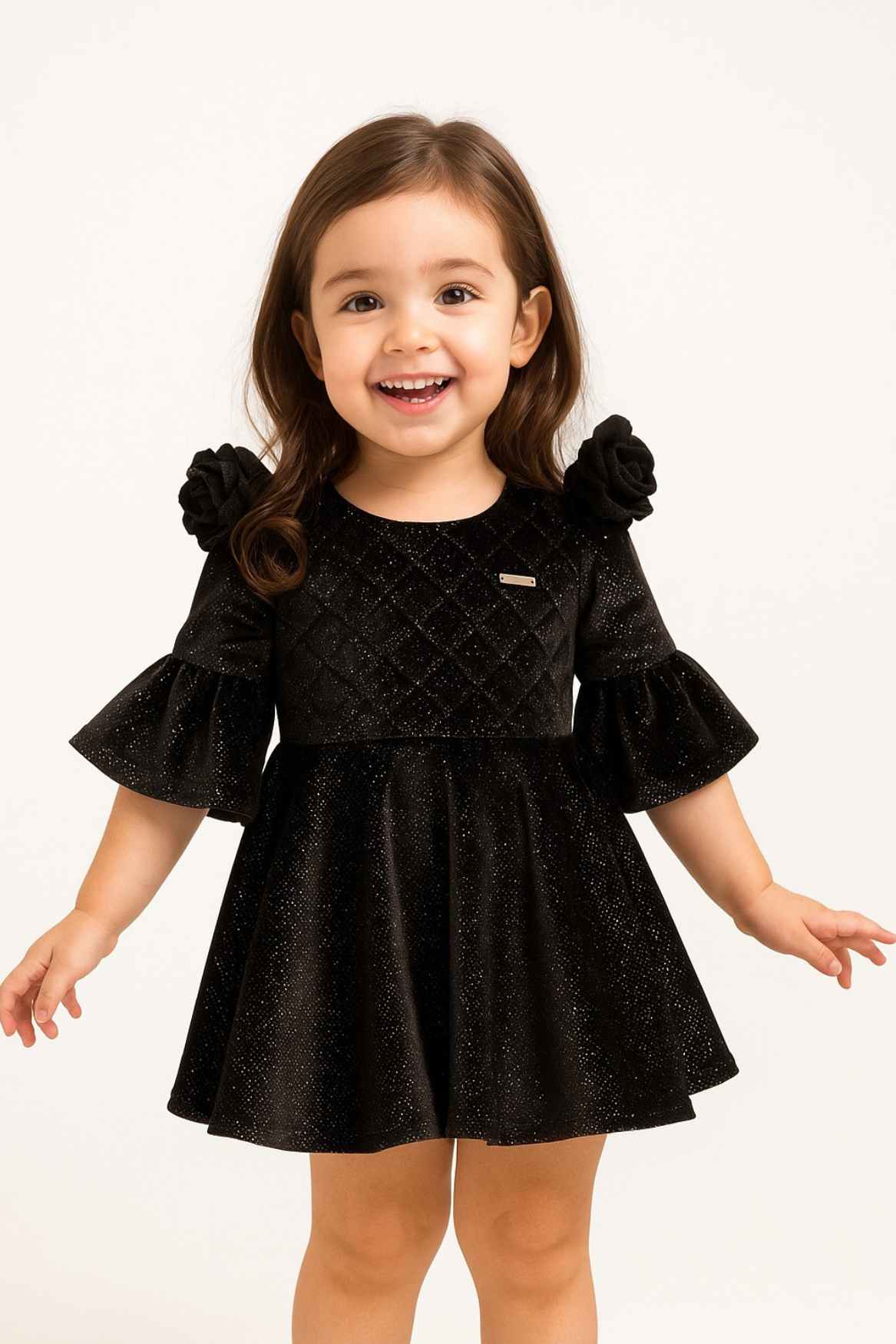 Black Velvet Party Wear Frock With Puff Sleeves For Girls