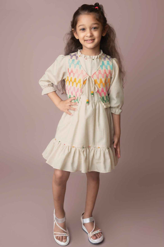 Cream Casual Wear Frock With Crochet Overcoat For Girls