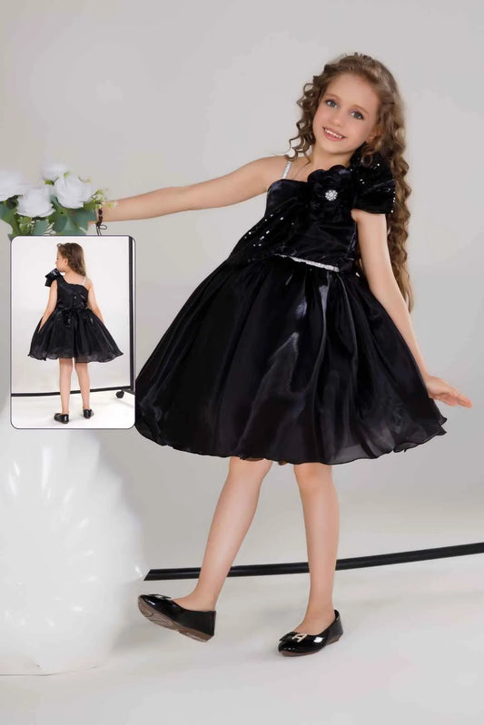 Black Party Frock With Sequin Bow And 3D Flower Detail For Girls