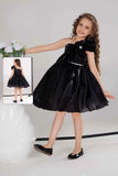 Black Party Frock With Sequin Bow And 3D Flower Detail For Girls