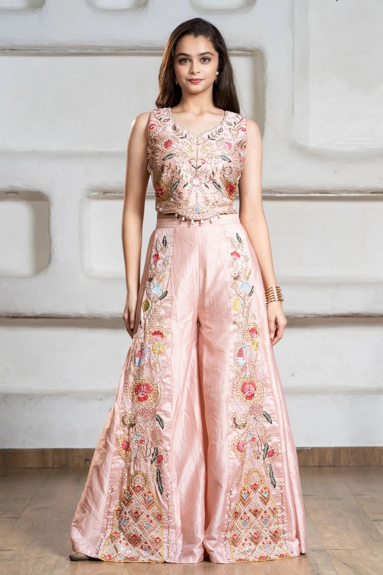 Pastel Pink Heavy Embroidered Crop Top with Flowing Palazzo For Girls