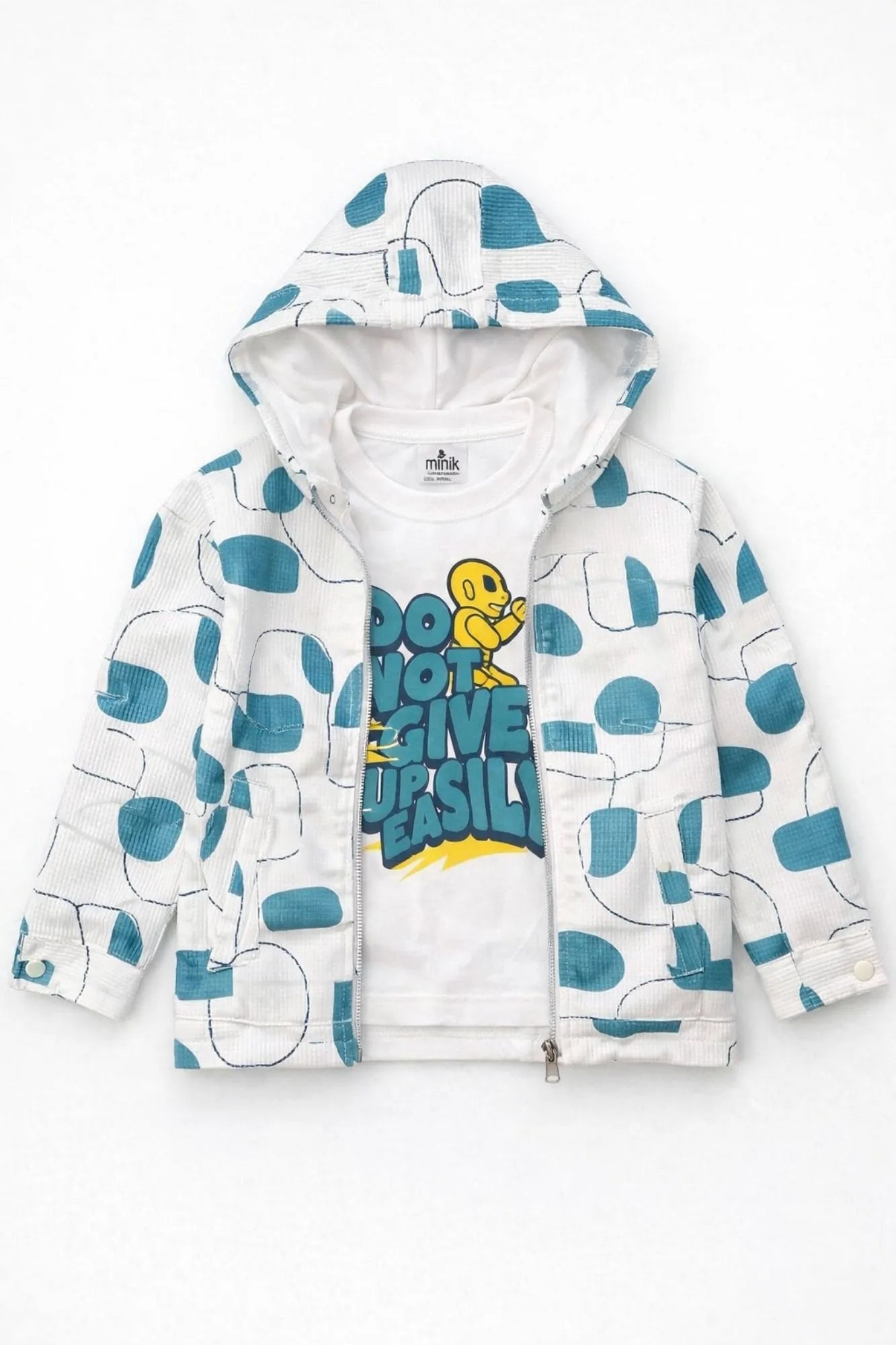 White And Teal Graphic Print T-Shirt & Printed Hooded Zipper Jacket Set For Boys