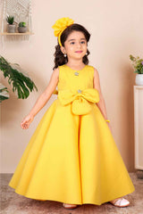 Lemon Yellow Sleeveless And Floral Embellishment Gown For Girls