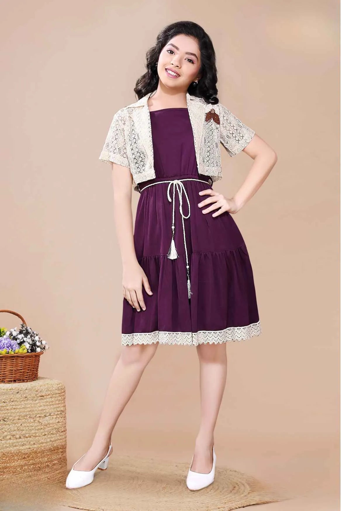 Purple Midi Dress With Lace Shrug  For Girls