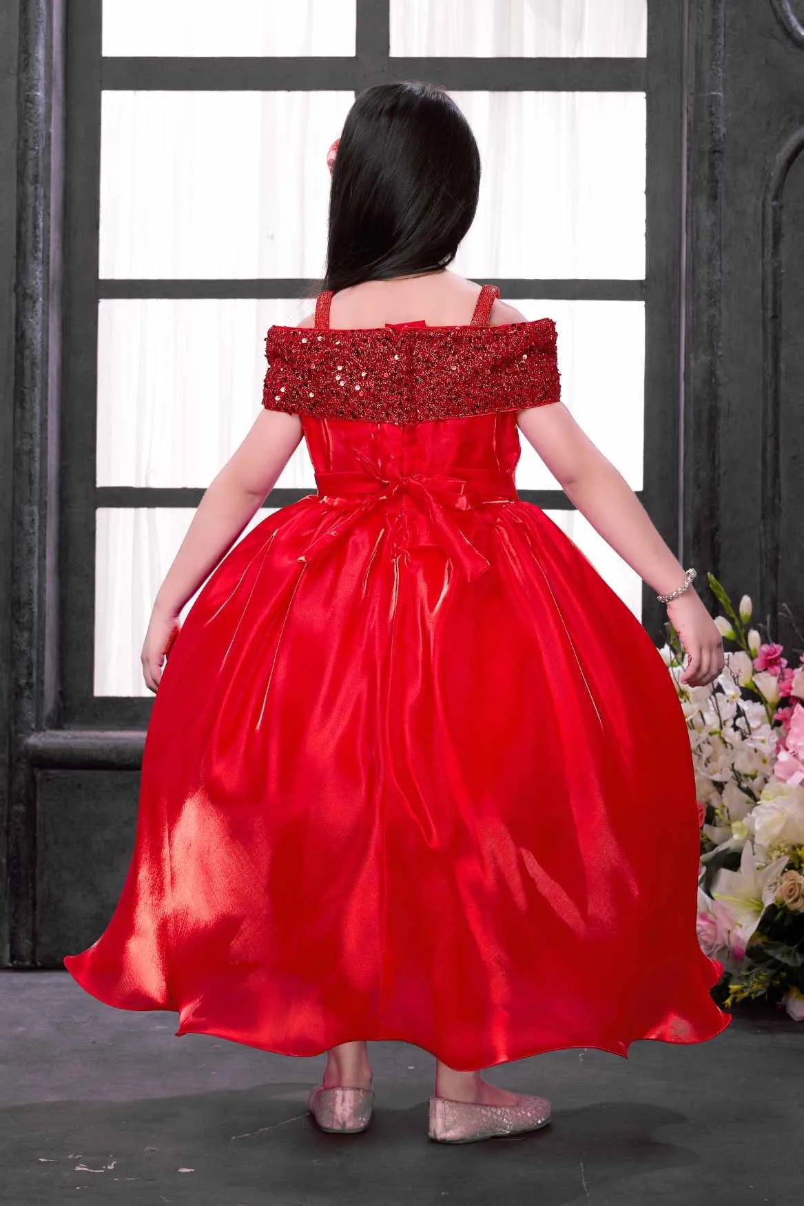 Red Sequined High-Low Party Wear Frock for Girls