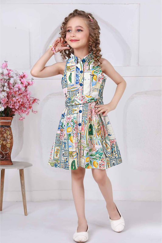 Trendy Multicolor Printed Causal Dress For Girls