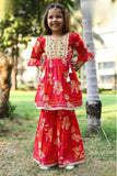 Red Floral Printed Sharara Set with Embroidered Yoke and Tassel Tie-Ups For Girls