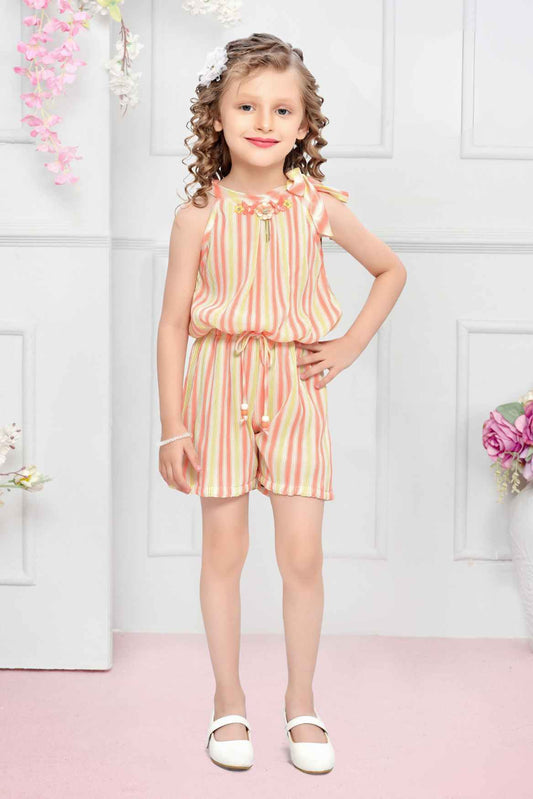 Orange Striped And Floral Embellished Jumpsuit For Girls