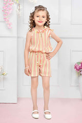 Orange Striped And Floral Embellished Jumpsuit For Girls