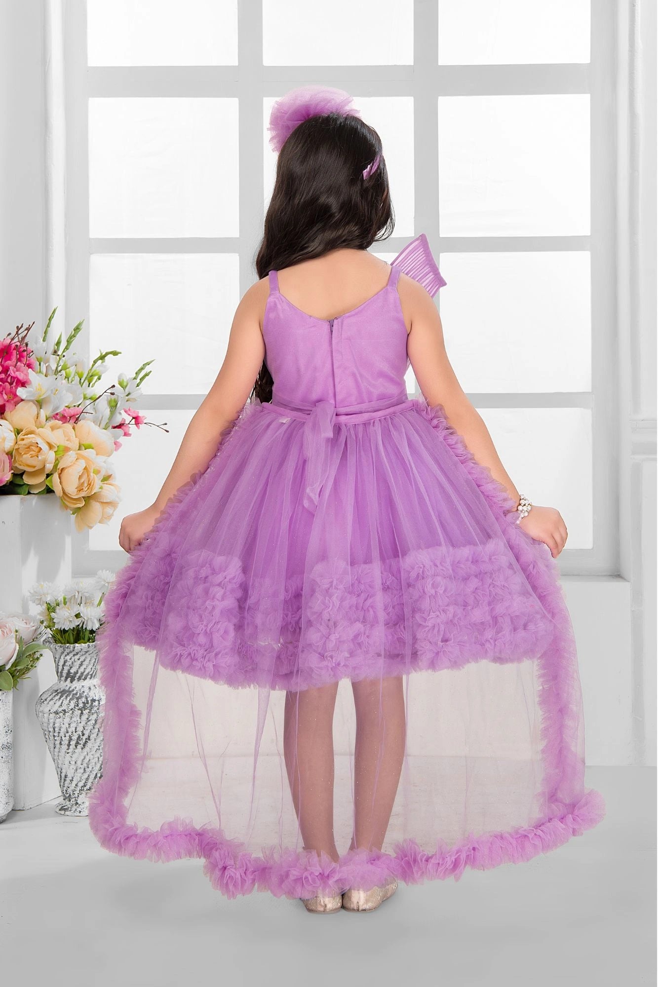 Lavender Embellished Party Wear Frock with Pleated Bodice and 3D Ruffle Hemline For Girls