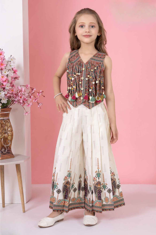Boho Charm Multicolor Tassel Top With Cream Printed Set For Girls