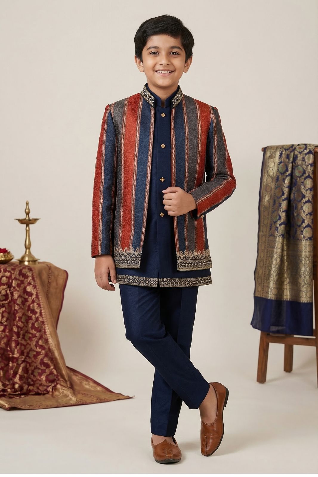Premium Navy Blue Striped Thread Embroidered Indo Western Suit Set For Boys