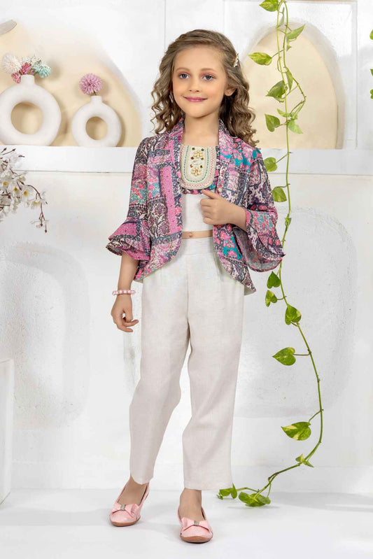 Pink Floral Printed Overcoat And Cream Crop Top With Pant Set For Girls