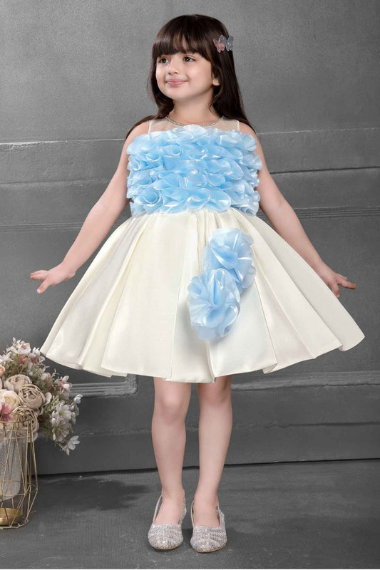 Stylish Blue And Cream Ruffled Frock For Girl