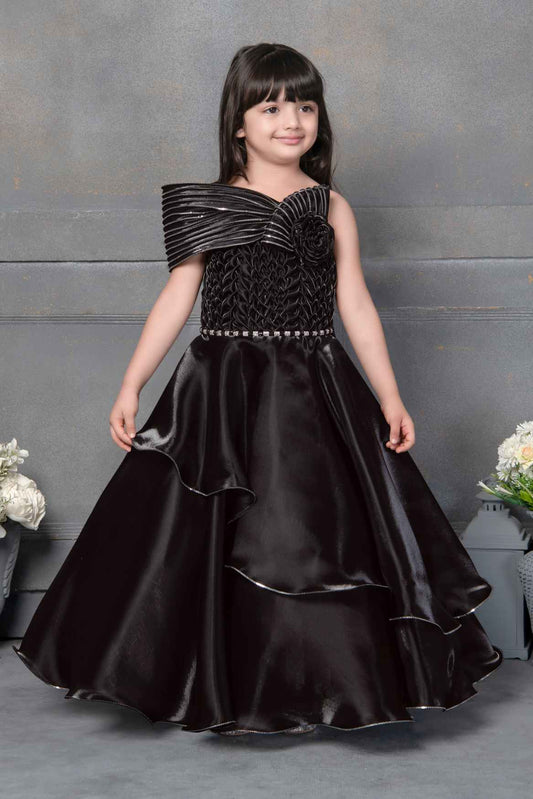 Designer Black Gown With Floral Embellished For Girls