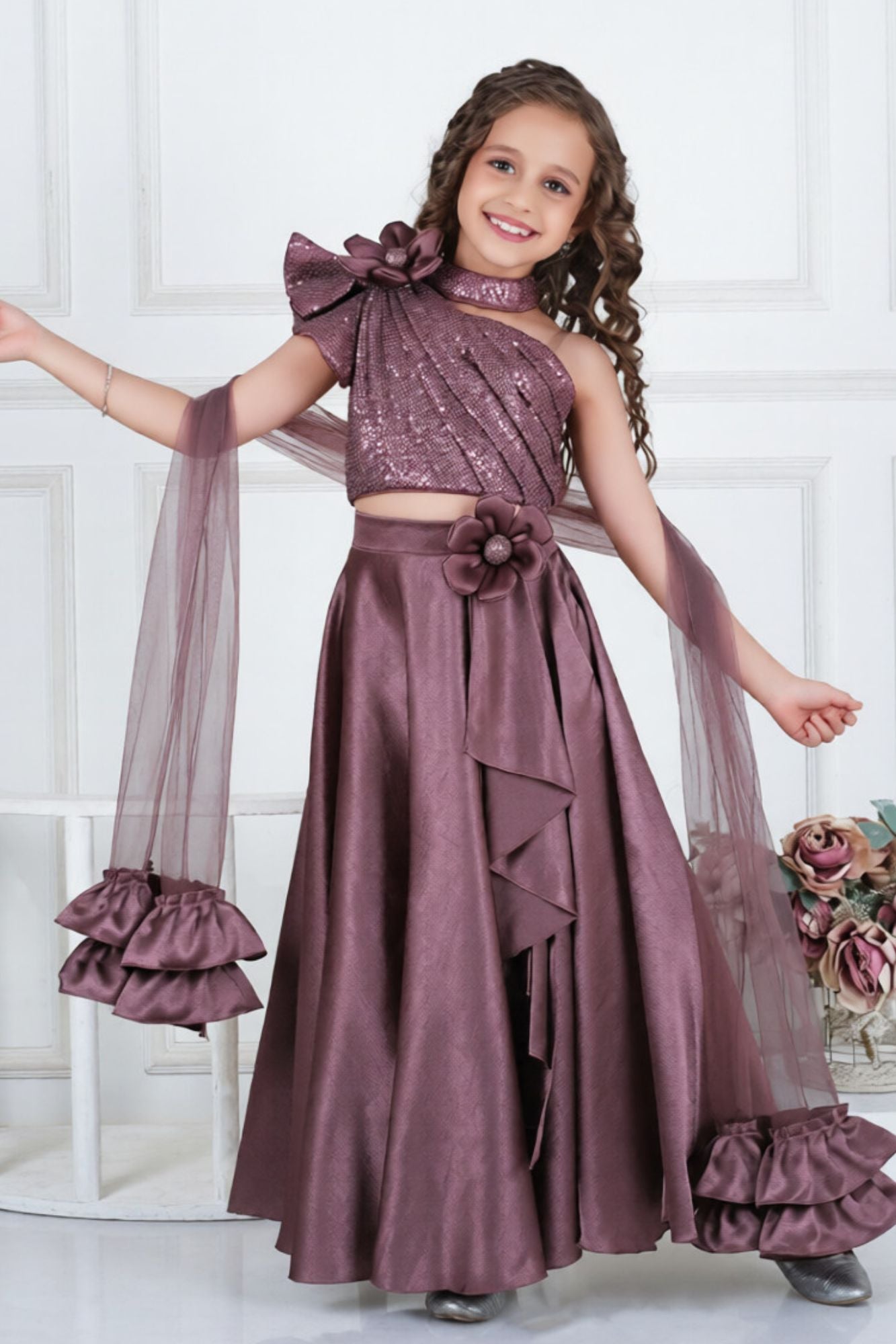 Mauve Sequin One-Shoulder Lehenga Set For Girls