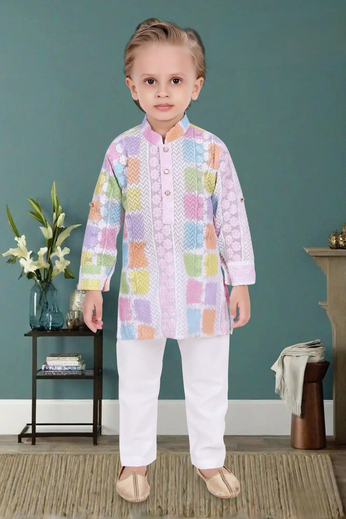 Pastel Patchwork Thread Embroidery Kurta Set – Festive Ethnic Wear For Boys