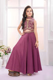 Wine Embroidered Palazzo Set For Girls