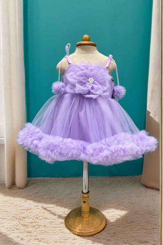 Lilac Ruffle Frock With Floral Embellished For Girls