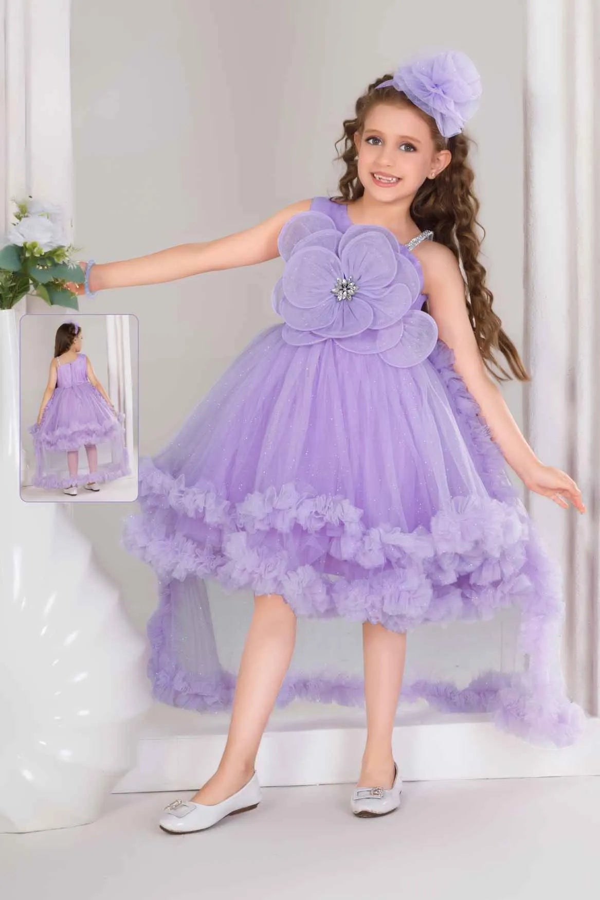 Purple High-Low Party Frock With 3D Floral Appliqué For Girls