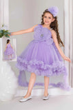 Purple High-Low Party Frock With 3D Floral Appliqué For Girls