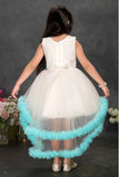 Off-White and Blue High-Low Party Frock with 3D Flower Appliqué For Girls