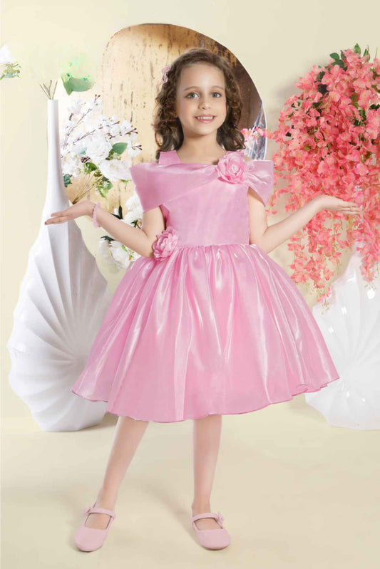 Pink Sleeveless Sequins Work And Floral Embellished Frock For Girls