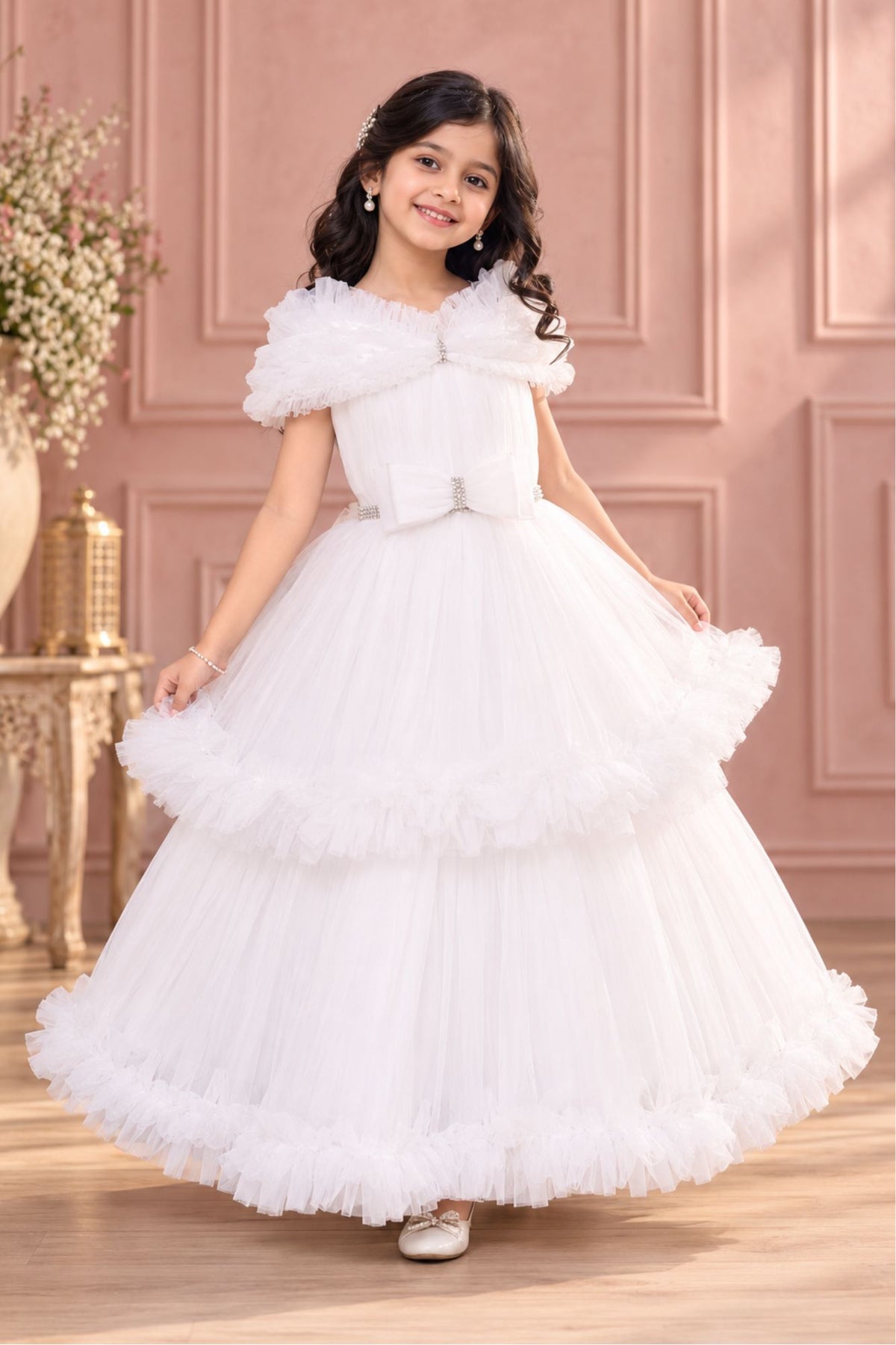 White Net Gown With Ruffled Sleeves For Girls
