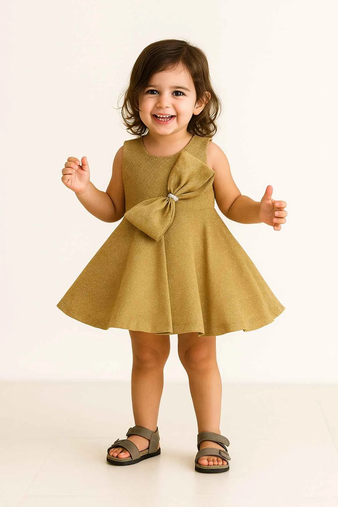 Gold Shimmer Party Dress With Oversized Bow For Girls