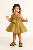 Gold Shimmer Party Dress With Oversized Bow For Girls