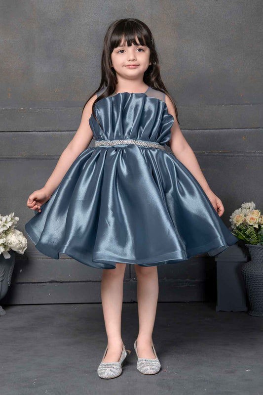 Blue Tutu Organza Frock Embellished With Stones Waistband For Girls