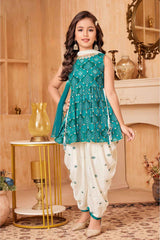 Green Mirror Work Kurti With Sequins And Zari Embroidered Dhoti Set For Girls