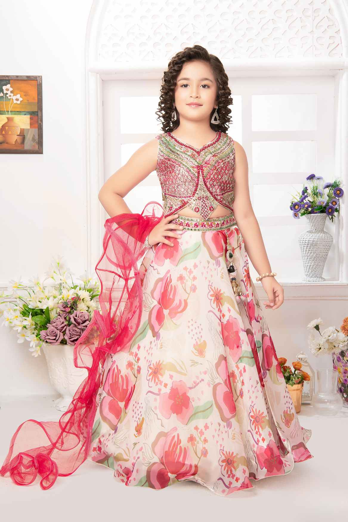 Multicolor Embroidered And Mirror Work Lehenga Choli For Girls