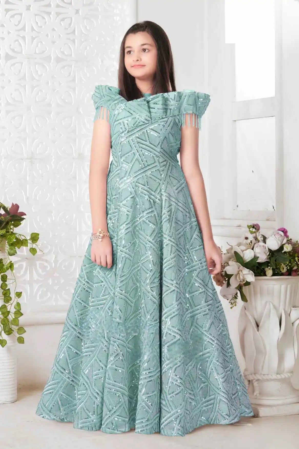 Embellished Aqua Blue Gown with Fancy Sleeves For Girls