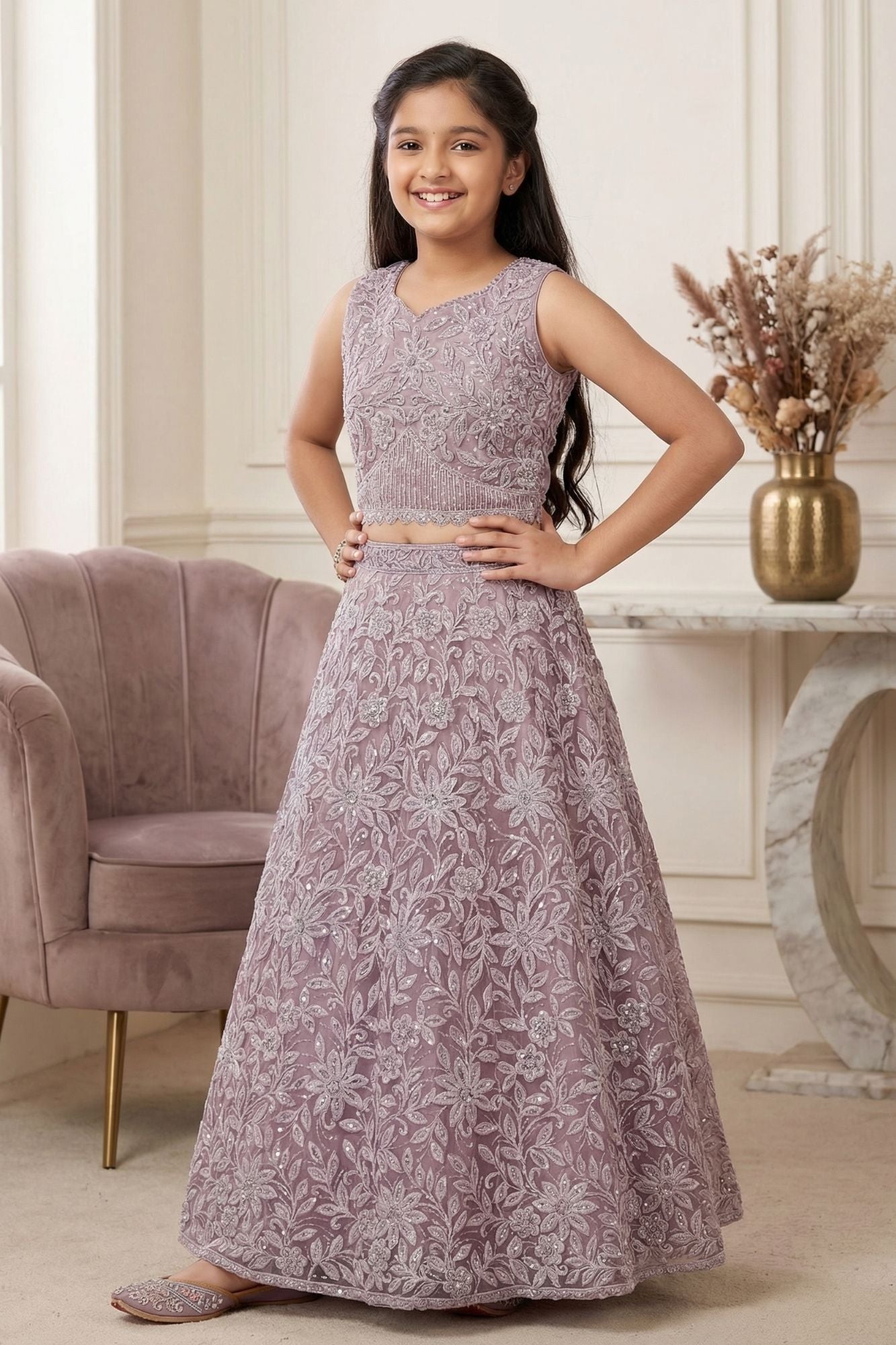 Onion Pink Embroidered Lehenga Choli with Sequin Work for Girls